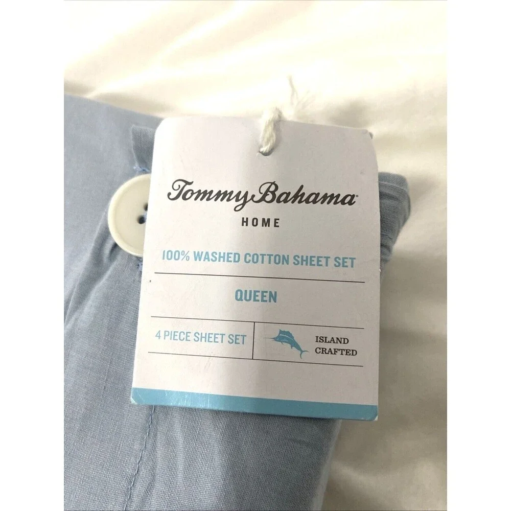 Tommy Bahama Queen Sheet Set 4 Pieces Home Washed Cotton Percale Blue Sky New